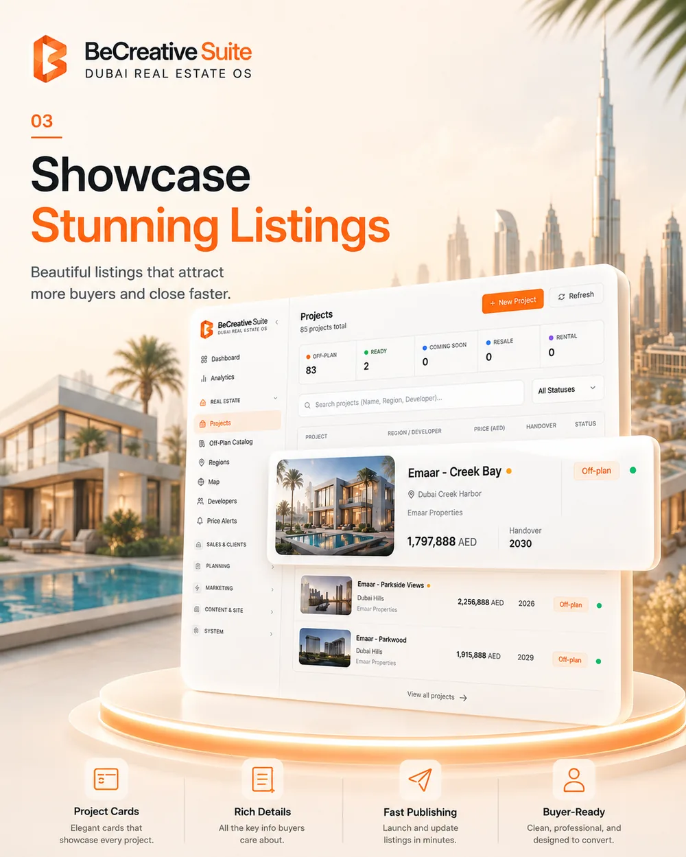 Property listings management screen with 85 projects, off-plan and ready status filters