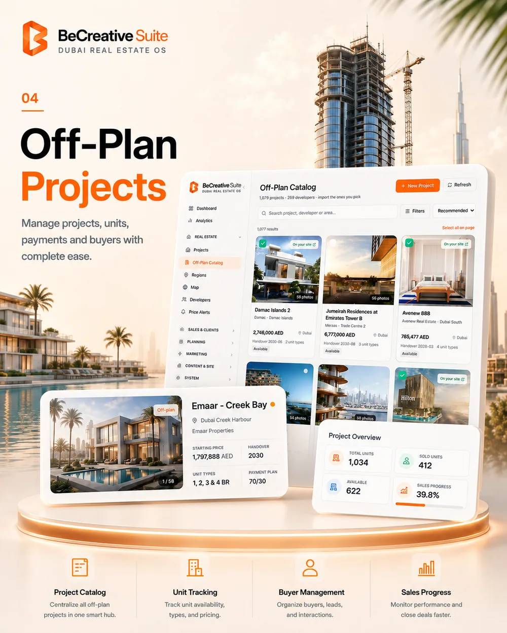 Off-plan catalogue with over 1,000 Dubai projects and 269 developers, searchable by project and developer