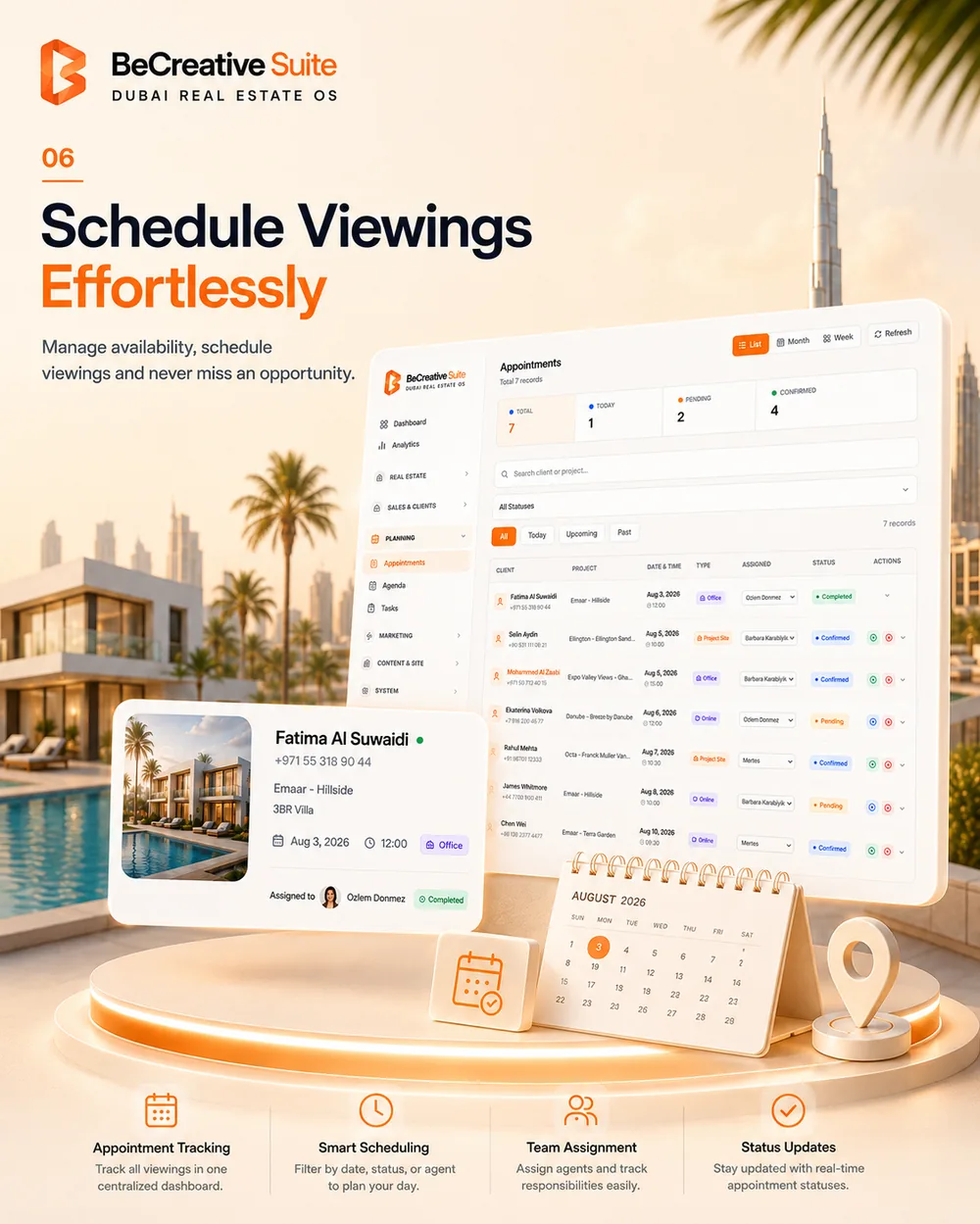 Appointments screen showing scheduled property viewings with status filters for today and upcoming