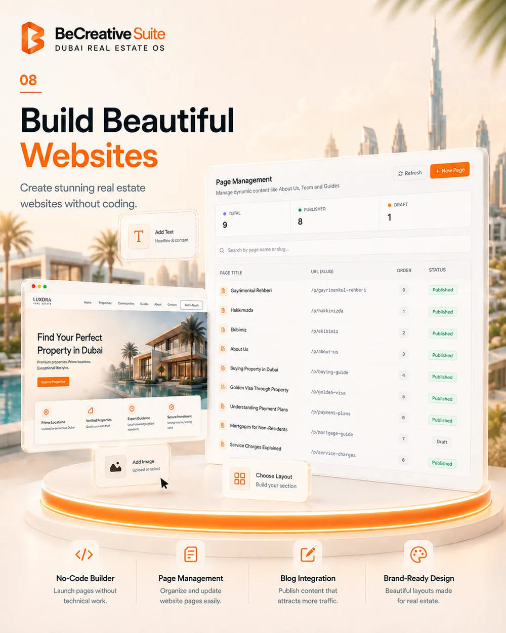 Page management screen for building real estate website pages without coding