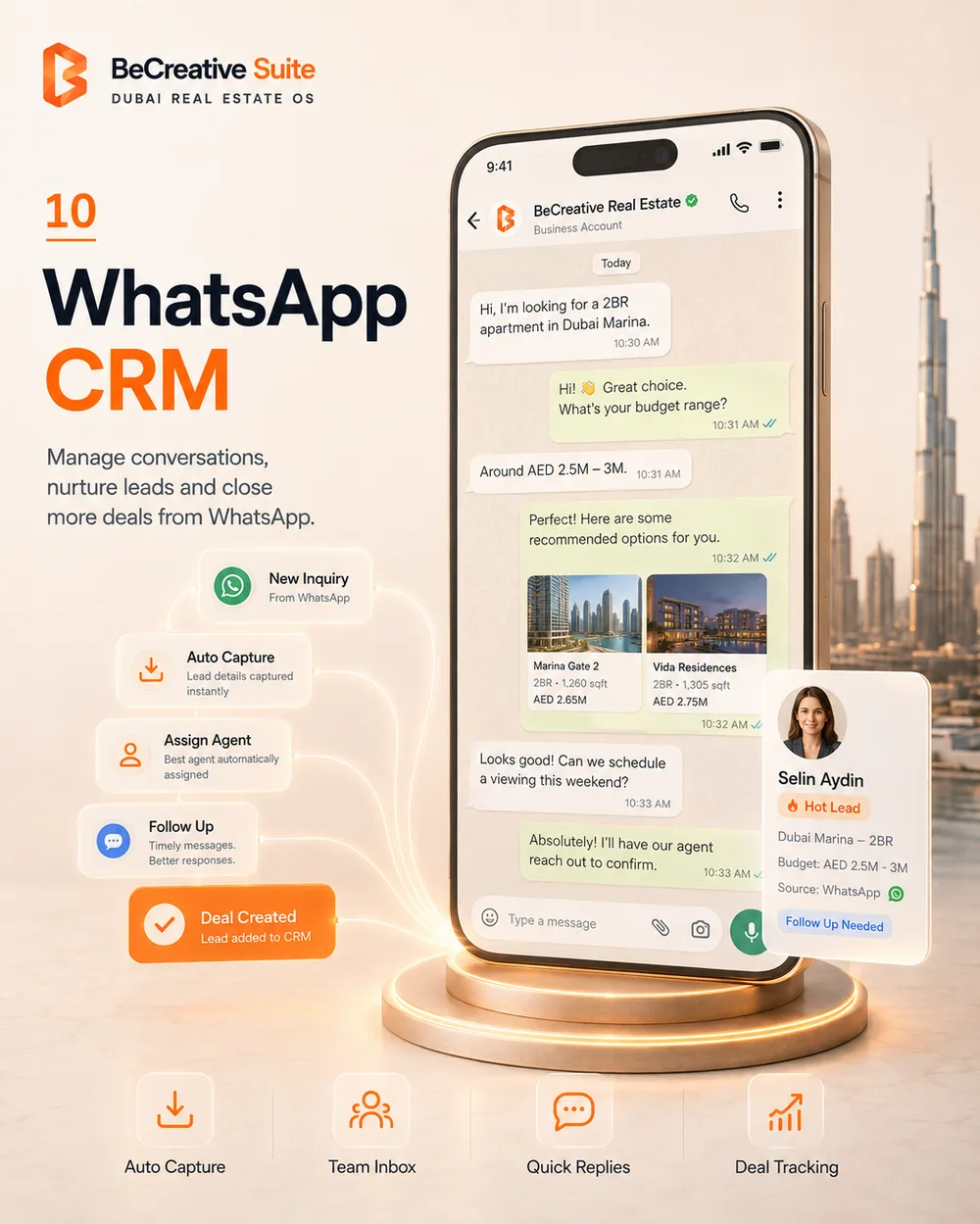 WhatsApp CRM inbox showing a buyer conversation about a Dubai Marina apartment inside the platform