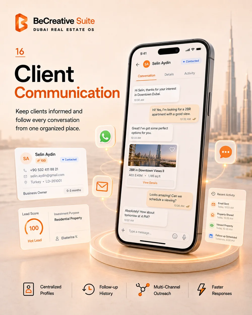 Client conversation thread showing message history with a buyer about a Downtown Dubai property