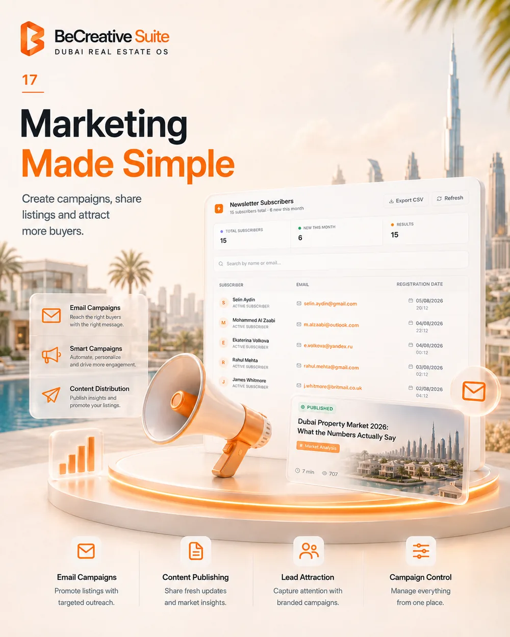 Newsletter subscribers screen with campaign creation for a Dubai real estate agency