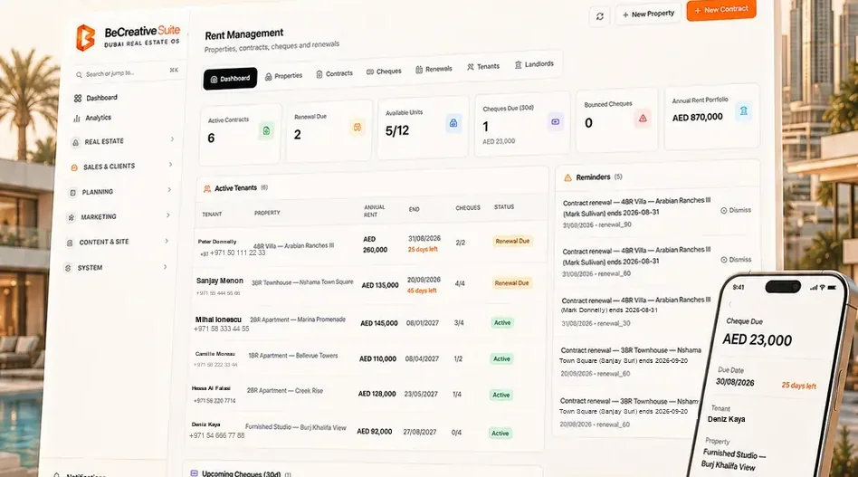 Rent management screen showing active tenancies, Ejari records and upcoming cheque due dates