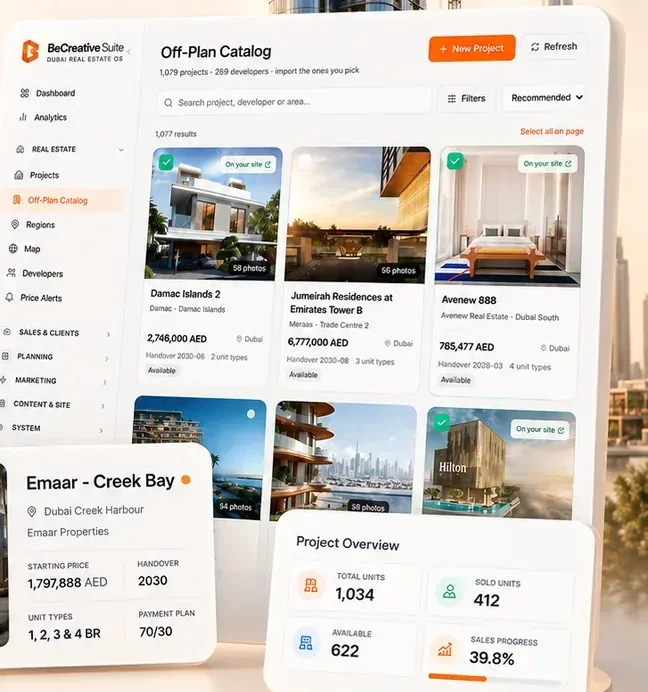 Off-plan catalogue showing 1,079 Dubai projects, unit availability and payment plans