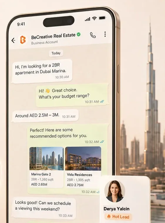 WhatsApp conversation turning into a scored CRM lead with listing recommendations